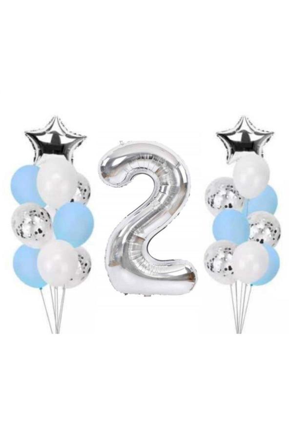 Parti Sürprizi 2 Yaş Gümüş Folyo Balon Set 21 Adet - Image 1
