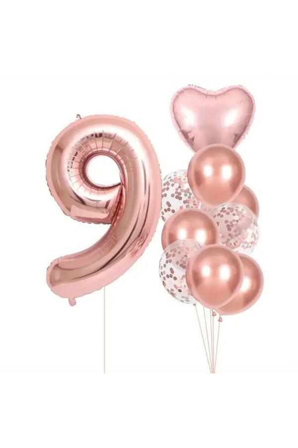 Parti Sürprizi Rose Gold kalpli 9 Yaş Folyo Balon Set - Image 1