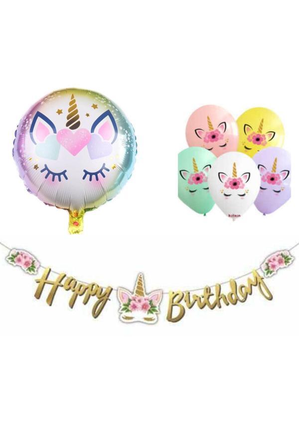 Parti Sürprizi Çiçekli Unicorn Happy Birthday Balonlu Set - Image 1