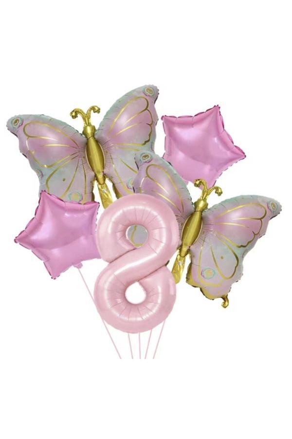 Parti Sürprizi Gold Kelebekli Pembe 8 Yaş Rakam Balon Set - Image 1