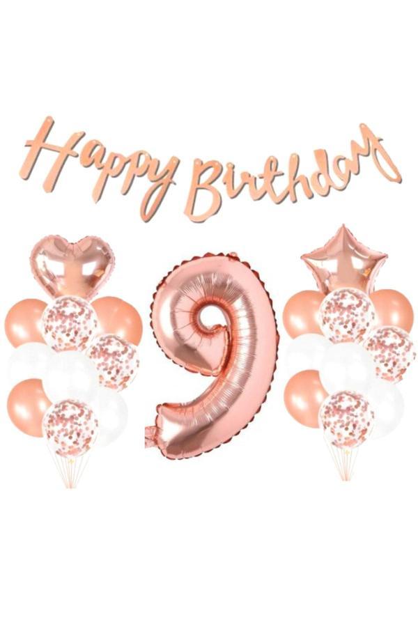 Parti Sürprizi 9 Yaş Rose Gold Happy Birthday Set - Image 1