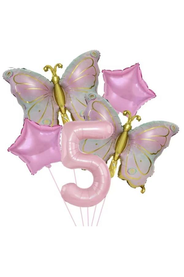 Parti Sürprizi Gold Kelebekli Pembe 5 Yaş Rakam Balon Set - Image 1