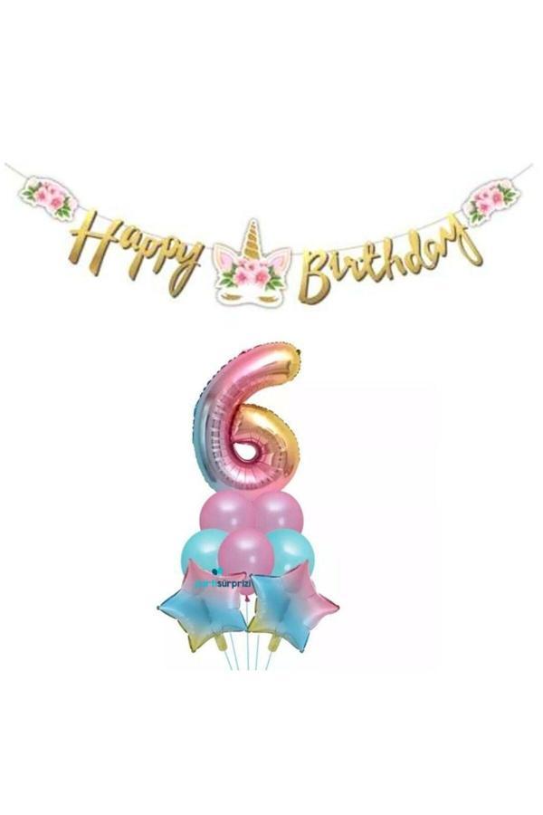 Parti Sürprizi Çiçekli Unicorn 6 Yaş Gökkuşağı  Balon Set - Image 1
