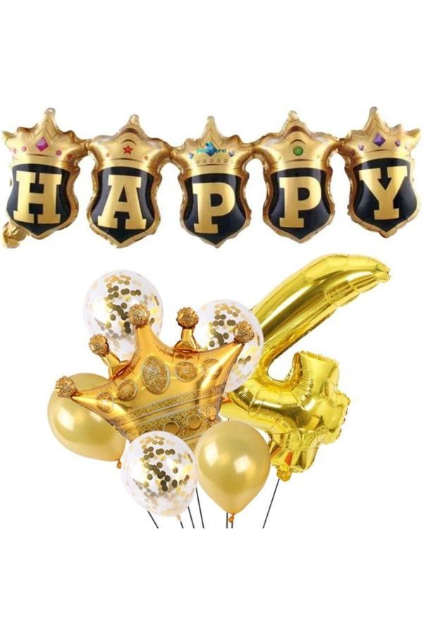 Parti Sürprizi Happy Yazılı Gold Konfetili 4 Yaş Rakam Balon Set - Image 1