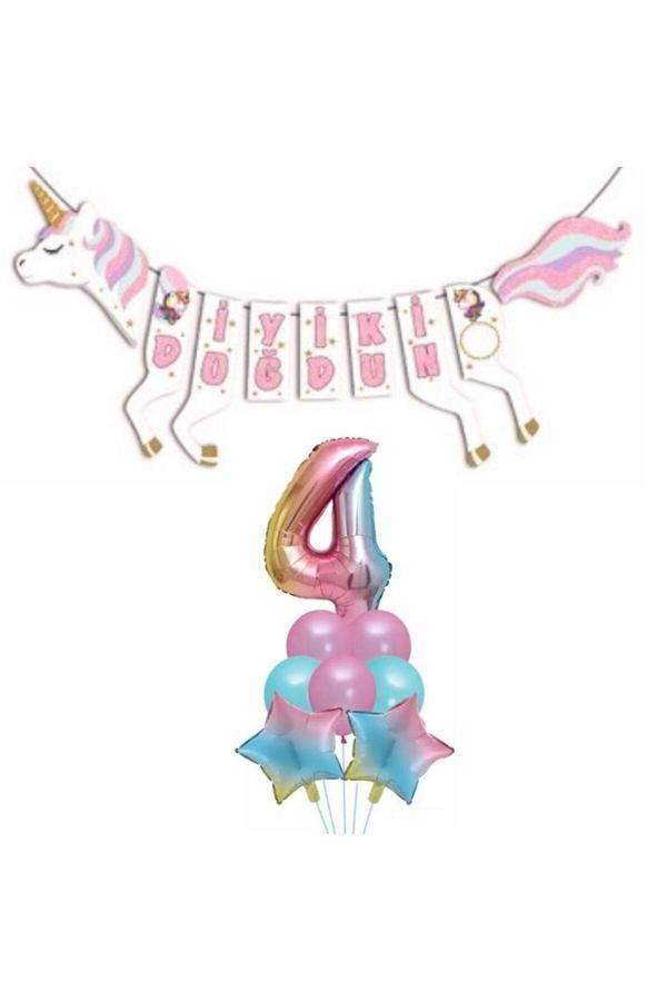 Parti Sürprizi Şekilli Unicorn 4 Yaş İyi Ki Doğdun Gökkuşağı Balonlu Set - Image 1