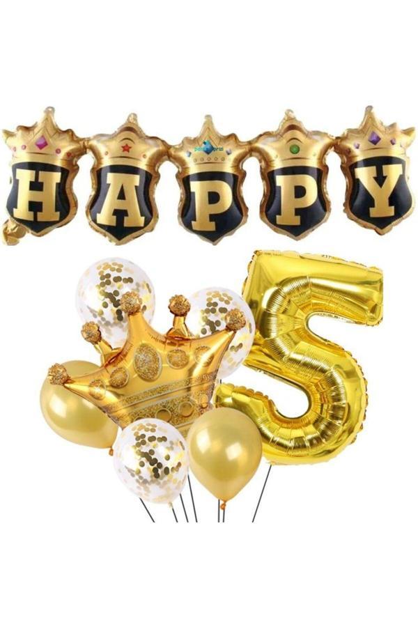 Parti Sürprizi Happy Yazılı Gold Konfetili 5 Yaş Rakam Balon Set - Image 1