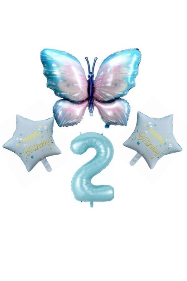 Parti Sürprizi Mavi Kelebekli Happy Birthday 2 Yaş Folyo Balon Set - Image 1