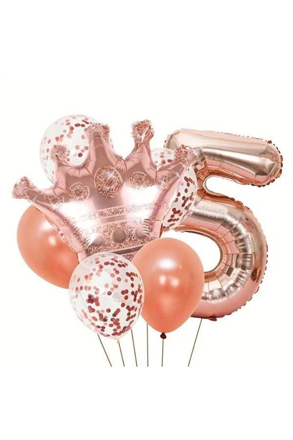 Parti Sürprizi Rose Gold Taçlı 5 Rakam Balon Set - Image 1