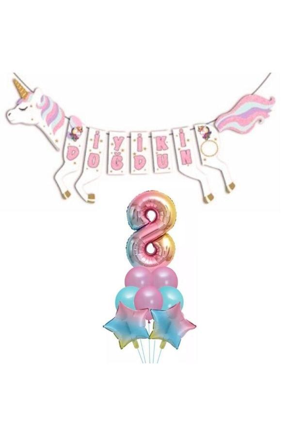 Parti Sürprizi Şekilli Unicorn 8 Yaş İyi Ki Doğdun Gökkuşağı Balonlu Set - Image 1