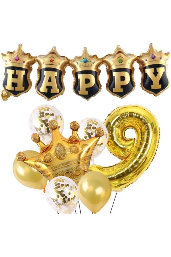 Parti Sürprizi Happy Yazılı Gold Konfetili 9 Yaş Rakam Balon Set - Image 1