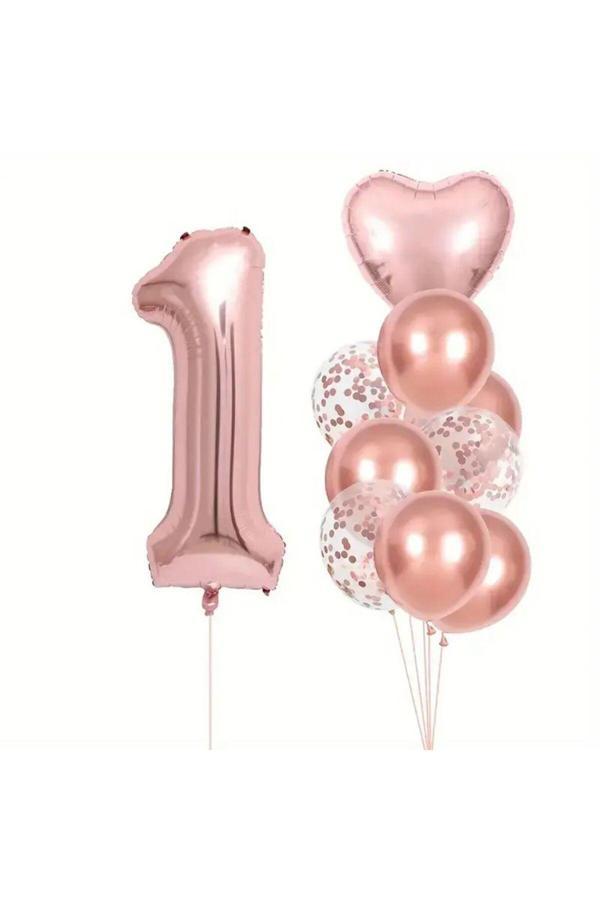 Parti Sürprizi Rose Gold kalpli 1 Yaş Folyo Balon Set - Image 1