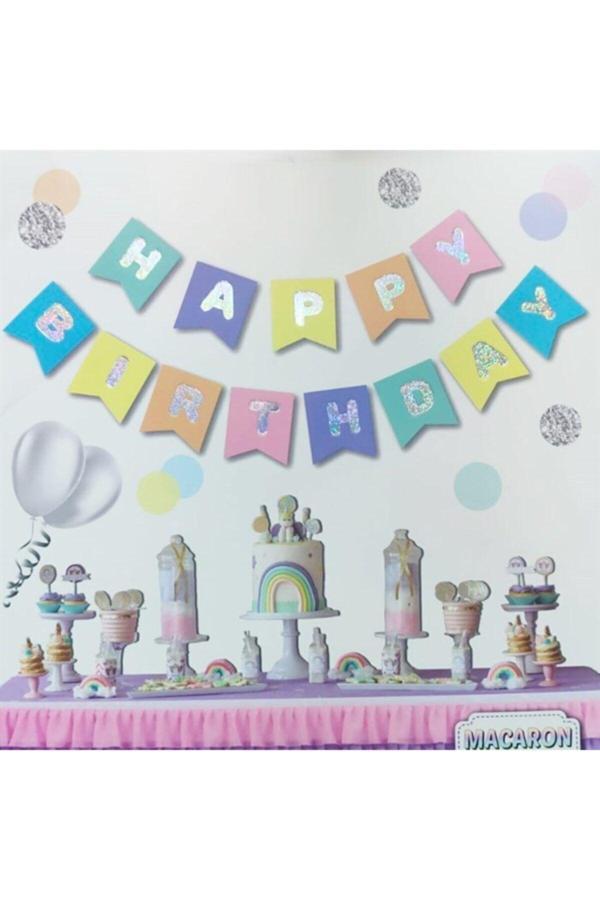 Parti Sürprizi Makaron Renkler Hologram Happy Birthday Afiş - Image 1