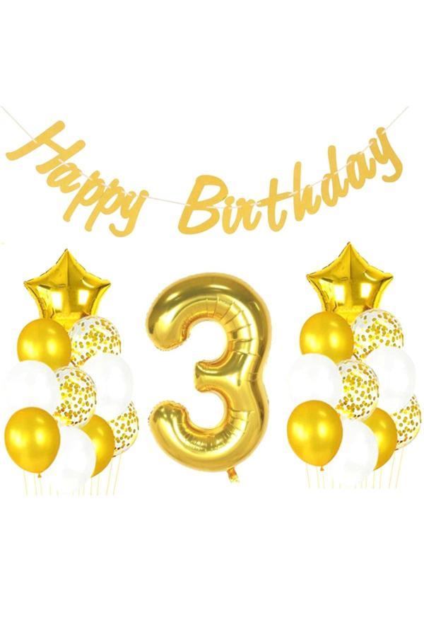 Parti Sürprizi 3 Yaş Altın Happy Birthday Set - Image 1