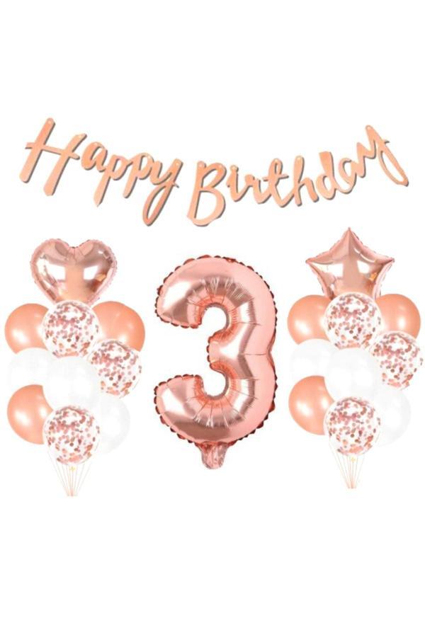 Parti Sürprizi 3 Yaş Rose Gold Happy Birthday Set - Image 1