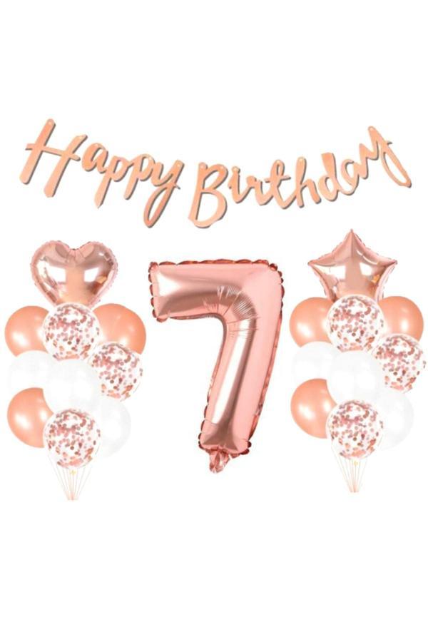 Parti Sürprizi 7 Yaş Rose Gold Happy Birthday Set - Image 1