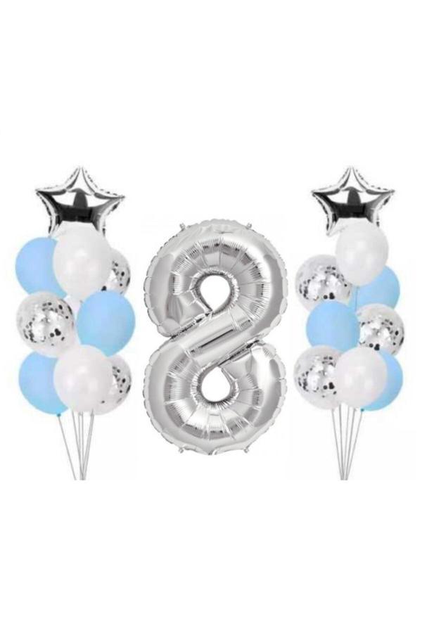 Parti Sürprizi 8 Yaş Gümüş Folyo Balon Set 21 Adet - Image 1