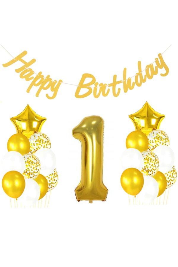 Parti Sürprizi 1 Yaş Altın Happy Birthday Set - Image 1
