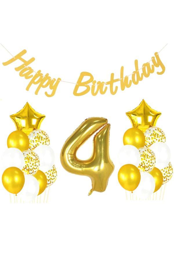 Parti Sürprizi 4 Yaş Altın Happy Birthday Set - Image 1
