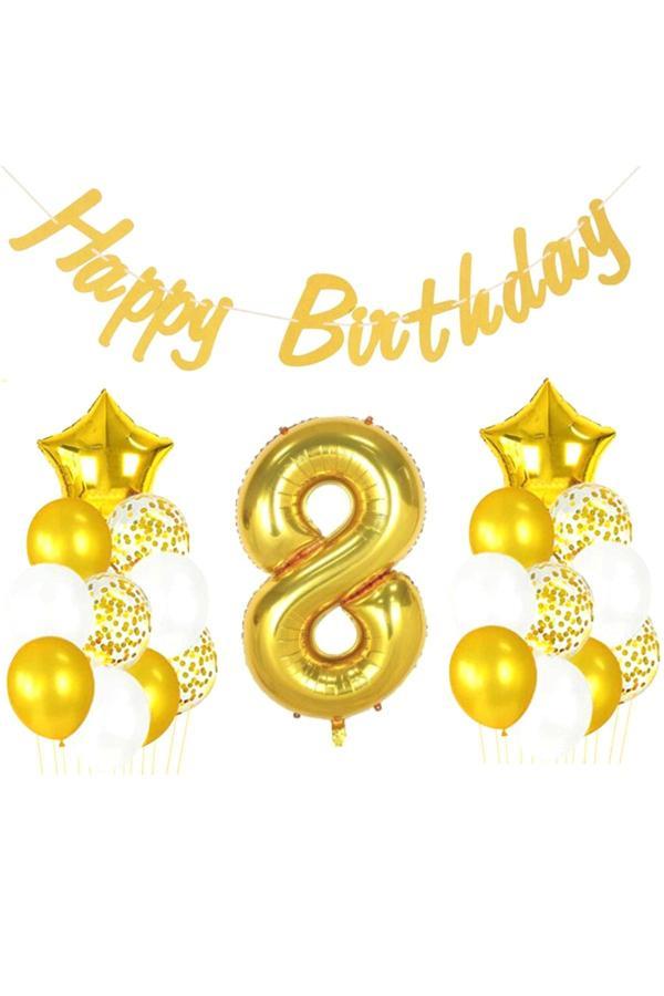 Parti Sürprizi 8 Yaş Altın Happy Birthday Set - Image 1