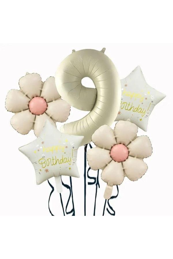 Parti Sürprizi Krem Papatya 9 Yaş Happy Birthday Yıldız Rakam Folyo Balon Set - Image 1