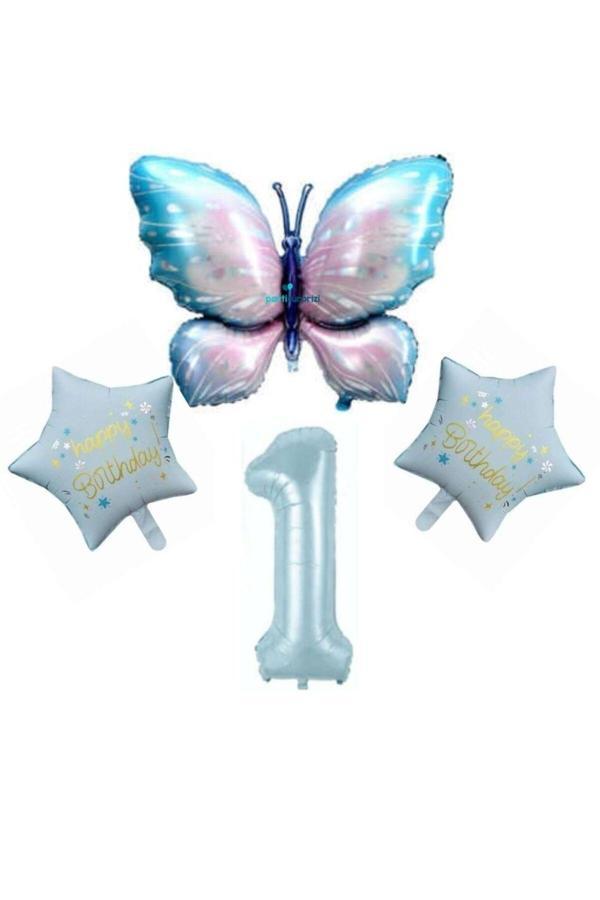 Parti Sürprizi Mavi Kelebekli Happy Birthday 1 Yaş Folyo Balon Set - Image 1