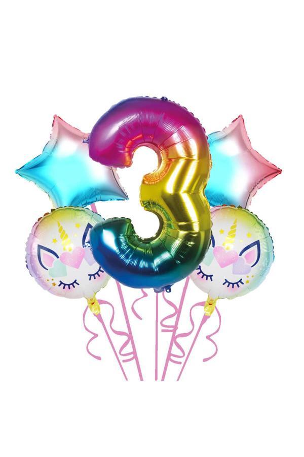 Parti Sürprizi Gökkuşağı Unicorn  3 Yaş Folyo Balon 5 Li Set - Image 1