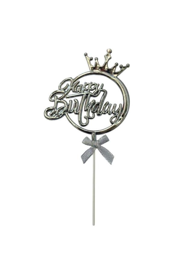 Parti Sürprizi Taçlı Gümüş Happy Birthday Fiyonklu Pasta Süsü - Image 1