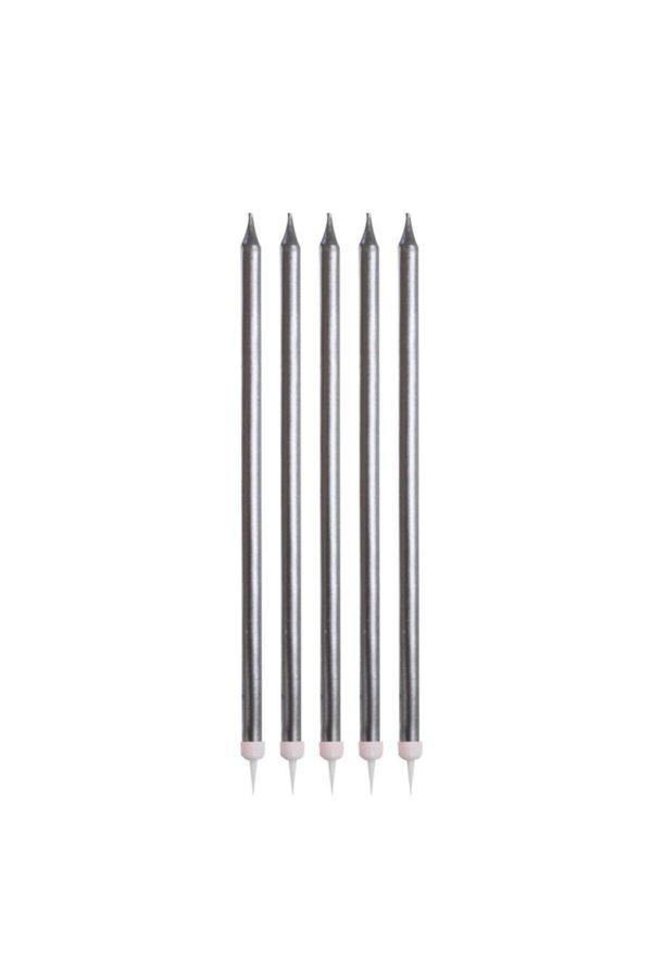 Parti Sürprizi Gümüş Renk Ince Uzun Mum 6 Adet 14 Cm - Image 1