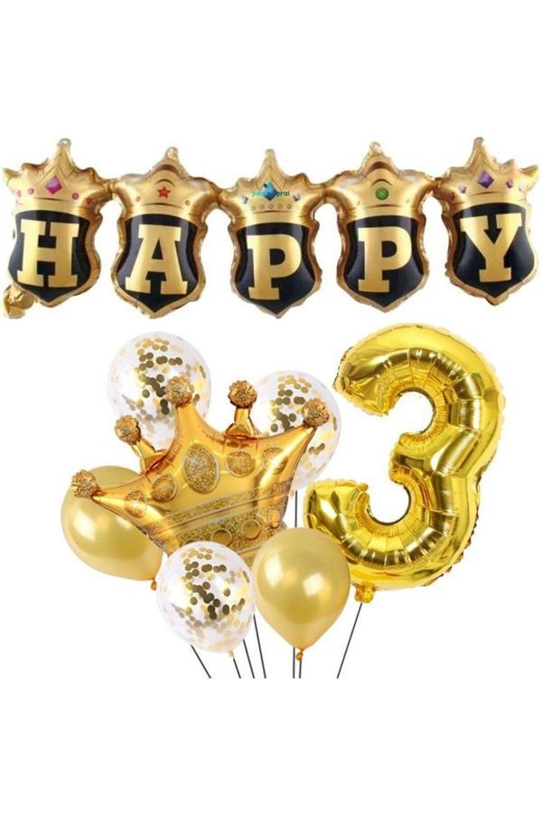 Parti Sürprizi Happy Yazılı Gold Konfetili 3 Yaş Rakam Balon Set - Image 1