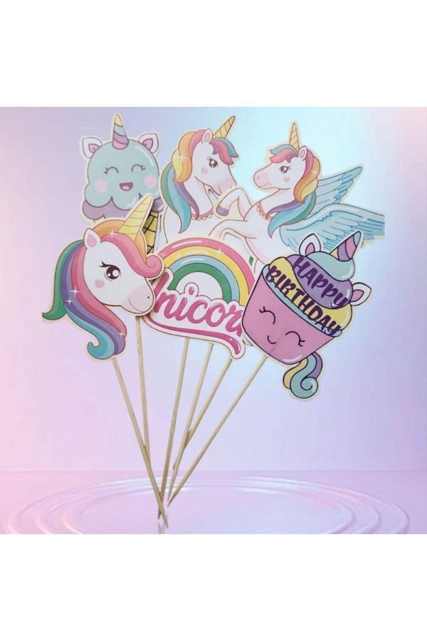 Parti Sürprizi Gökkuşağı Unicorn Kürdan 6 Adet - Image 1