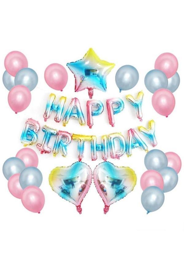 Parti Sürprizi Unicorn Makaron Gökkuşağı Happy Birthday Balon Set - Image 1
