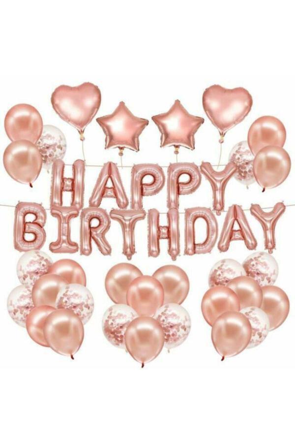 Parti Sürprizi Rose Gold Happy Birthday Konfetili Balon Set - Image 1