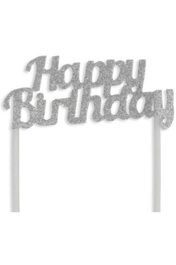 Parti Sürprizi Gümüş Simli Happy Birthday Çubuklu Yazı - Image 1