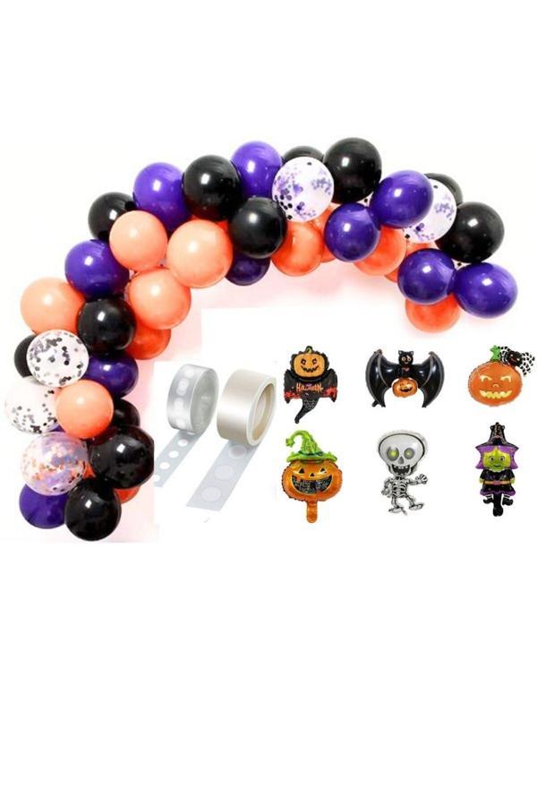 Parti Sürprizi Halloween Cadılar Bayramı Zincir Balon Set Mor,Turuncu,Siyah,Şeffaf 65 Adet - Image 1