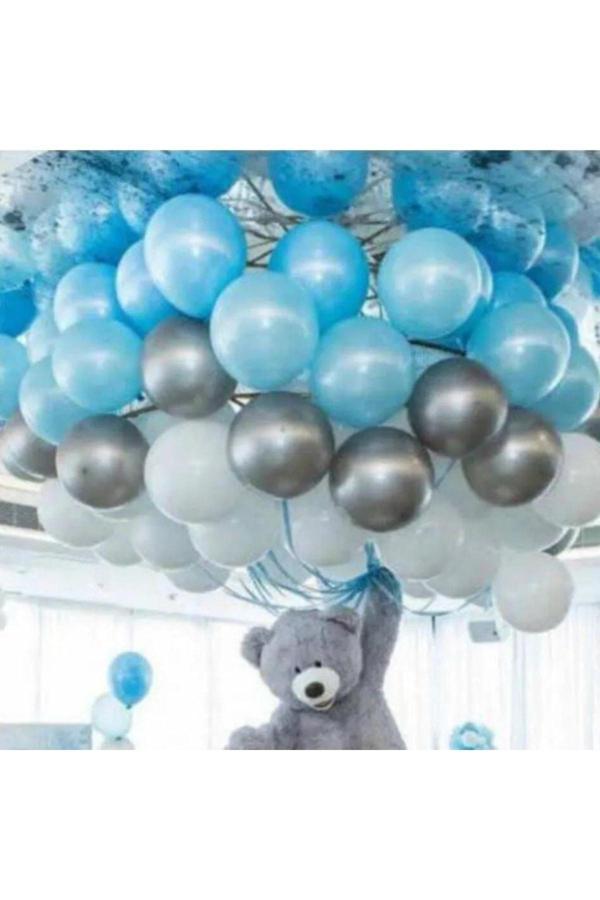 Parti Sürprizi 50 Ad A.mavi-beyaz-gümüş Metalik Balon 5 Mt Balon Zinciri Parti Balon Seti - Image 1