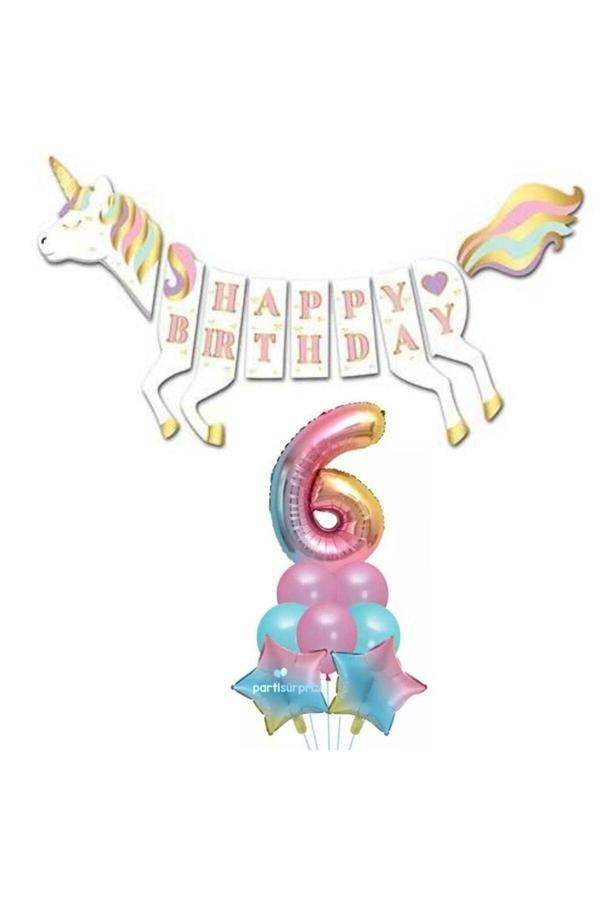 Parti Sürprizi Unicorn 6 Yaş Happy Birthday Gökkuşağı Balonlu Set - Image 1