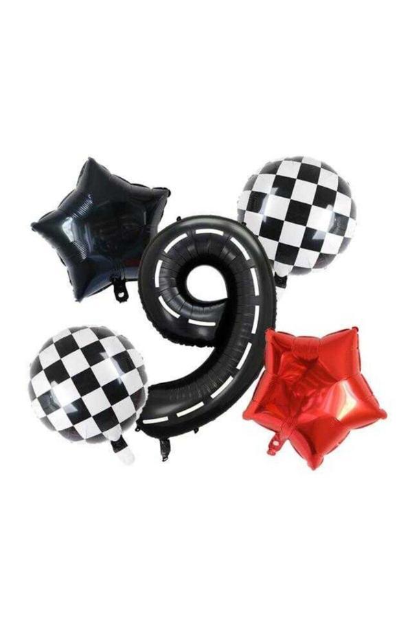Parti Sürprizi Siyah Yarış Pisti Damalı 9 Yaş Folyo Balon Set - Image 1