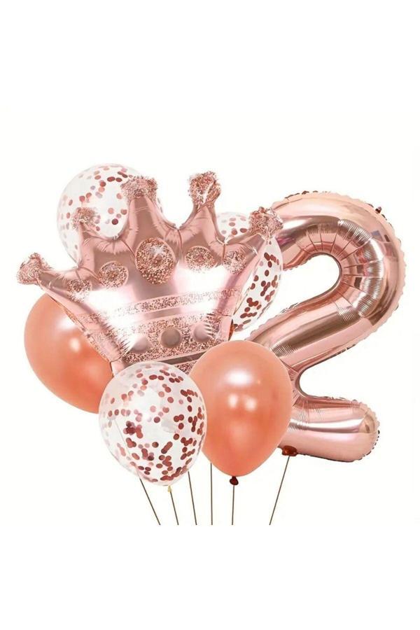 Parti Sürprizi Rose Gold Taçlı 2 Rakam Balon Set - Image 1