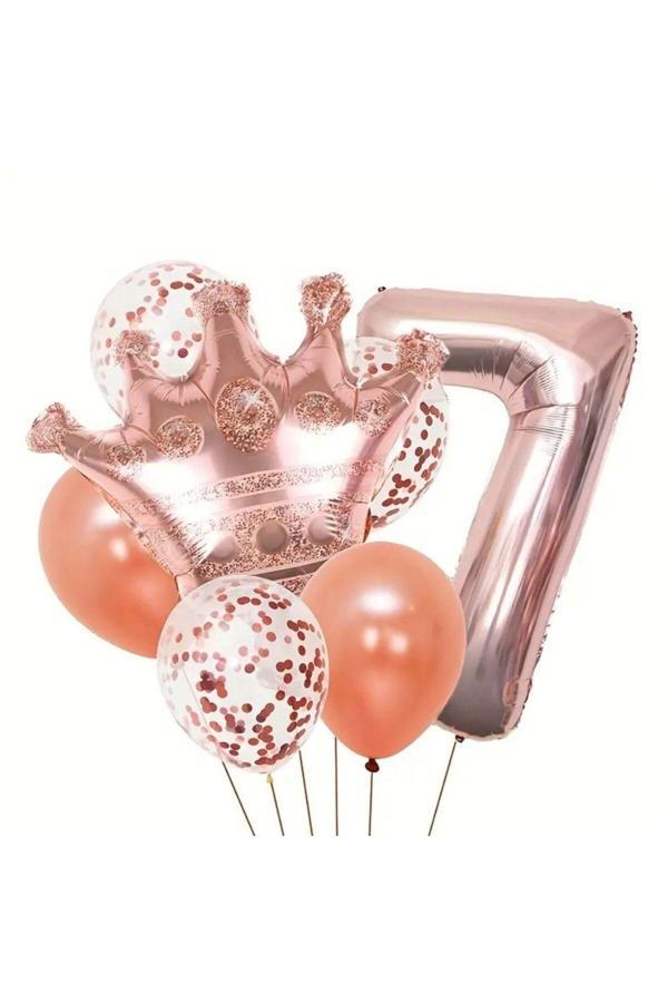 Parti Sürprizi Rose Gold Taçlı 7 Rakam Balon Set - Image 1