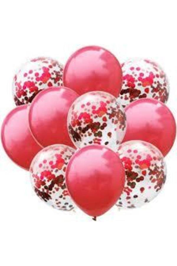 Parti Sürprizi Konfetili Kırmızı Balon Demeti 10 Adet - Image 1