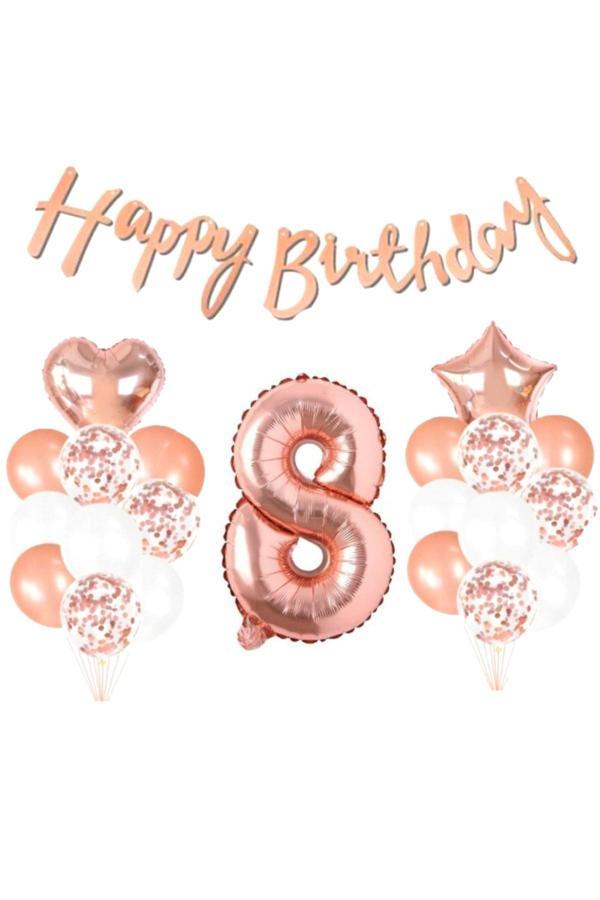 Parti Sürprizi 8 Yaş Rose Gold Happy Birthday Set - Image 1