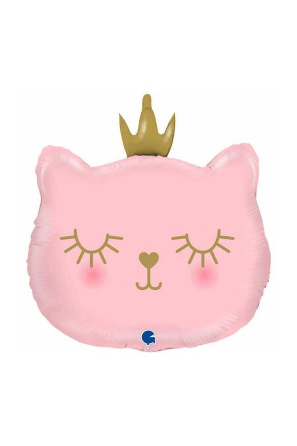 Parti Sürprizi Taçlı Pembe Kedi Folyo Balon 1 Adet - Image 1