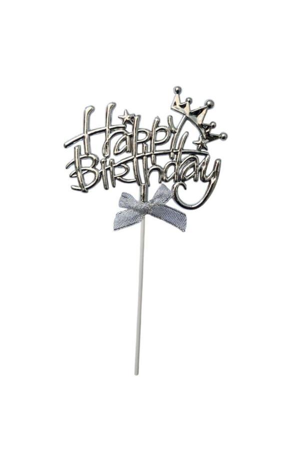 Parti Sürprizi Yıldızlı Gümüş Happy Birthday Fiyonklu Pasta Süsü - Image 1
