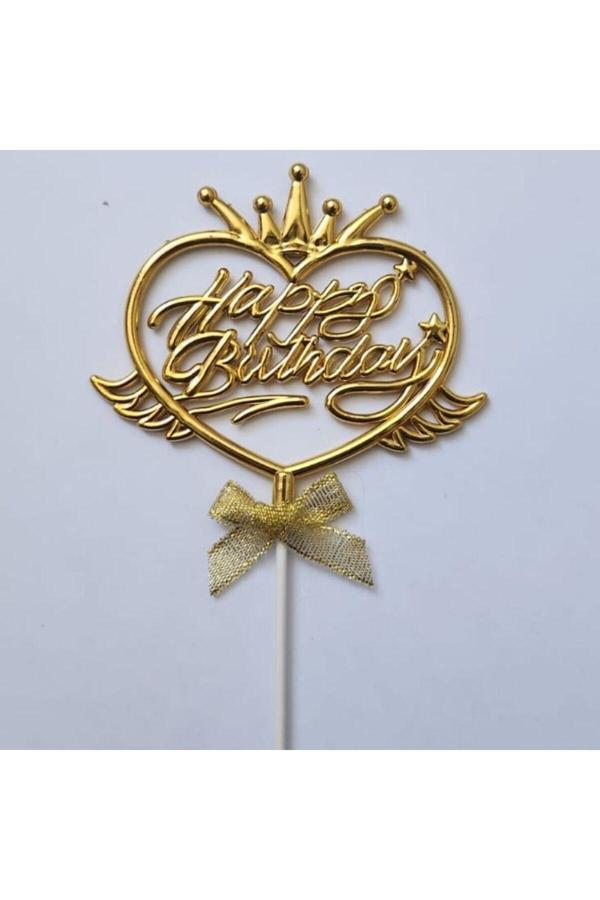 Parti Sürprizi Taçlı Altın Happy Birthday Fiyonklu Pasta Süsü - Image 1
