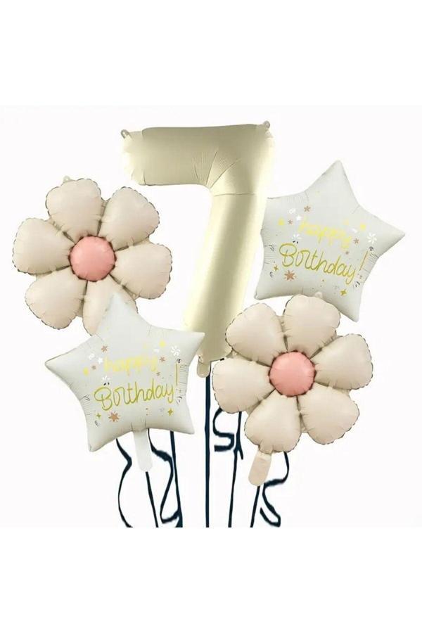 Parti Sürprizi Krem Papatya 7 Yaş Happy Birthday Yıldız Rakam Folyo Balon Set - Image 1