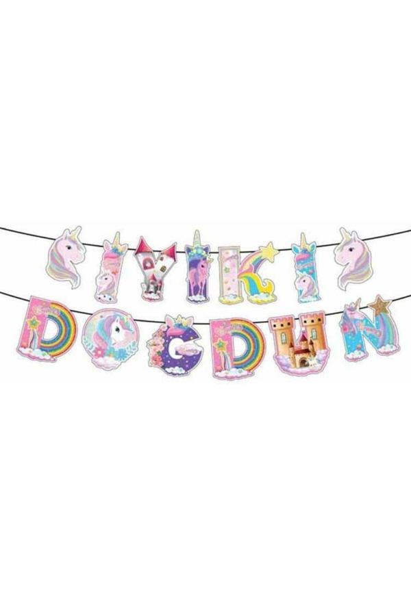 Parti Sürprizi Gökkuşağı Unicorn  İyi ki Doğdun Banner Yazı - Image 1