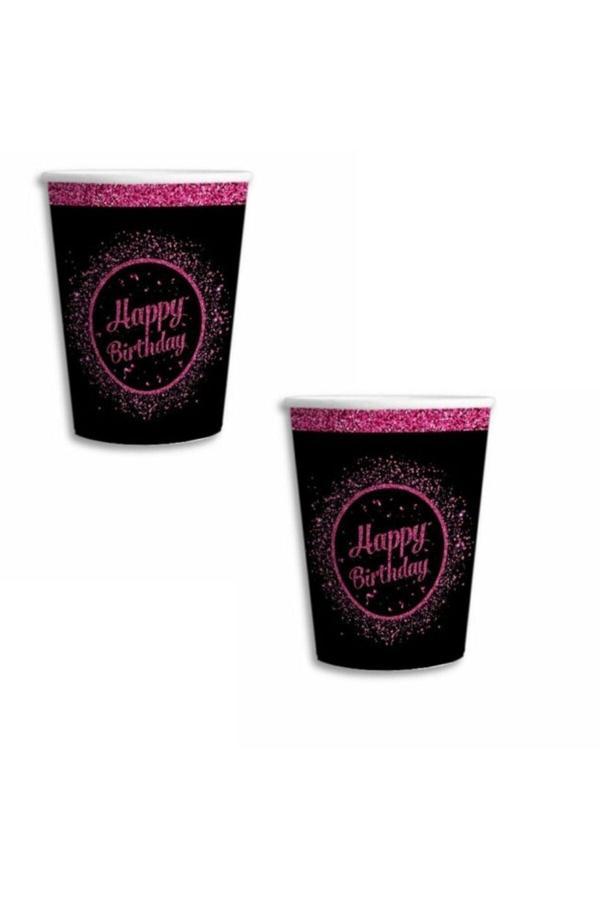 Parti Sürprizi Pembe Siyah Happy Birthday  Karton Bardak 8 Adet - Image 1