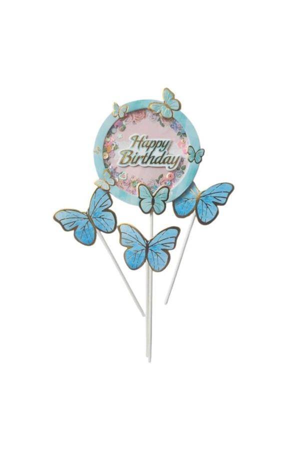 Parti Sürprizi Mavi Gold Kelebek Happy Birthday Pasta Kürdan Set - Image 1