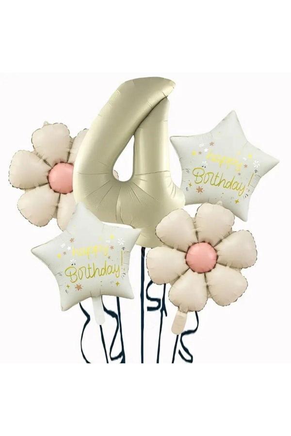 Parti Sürprizi Krem Papatya 4 Yaş Happy Birthday Yıldız Rakam Folyo Balon Set - Image 1