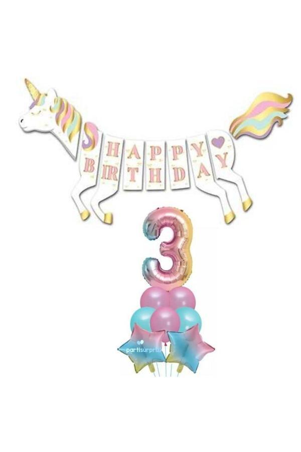 Parti Sürprizi Unicorn 3 Yaş Happy Birthday Gökkuşağı Balonlu Set - Image 1